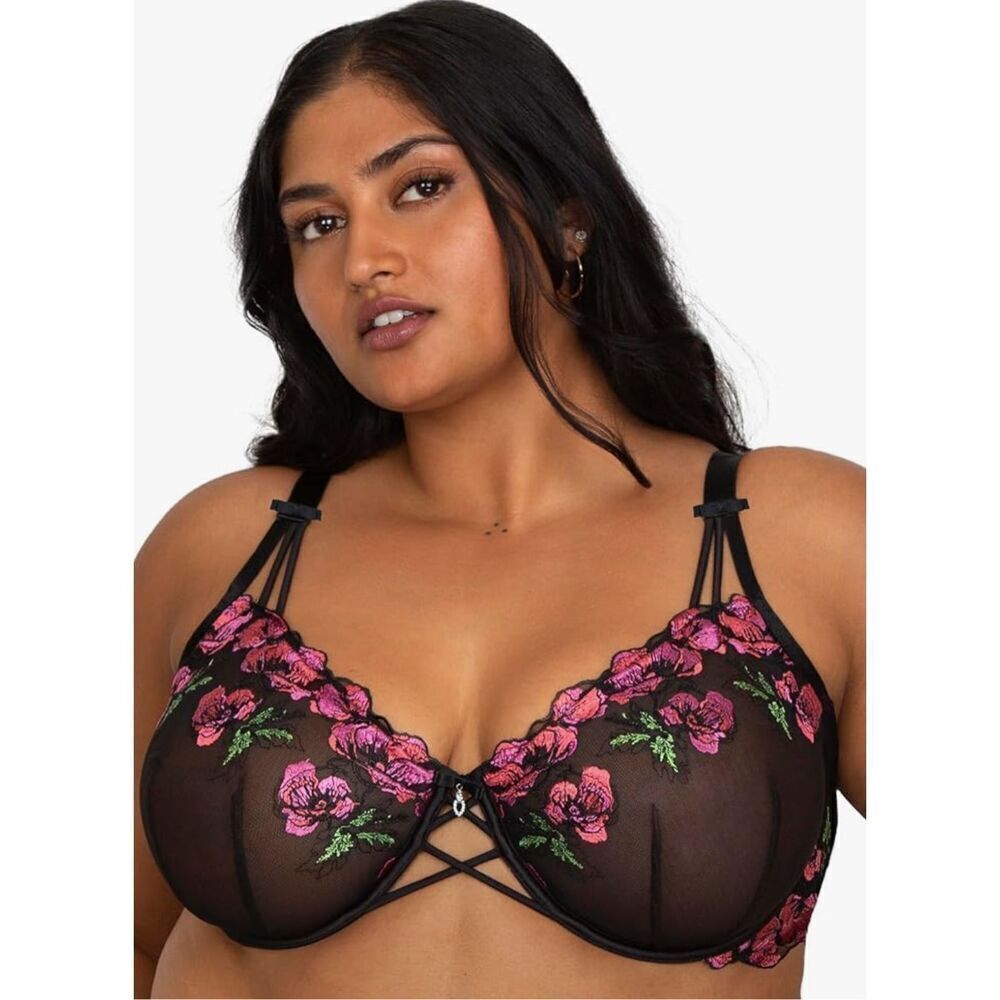 Curvy Couture Embroidery Unlined Underwire Full Coverage Balconette Bra 40D